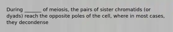 During _______ of meiosis, the pairs of sister chromatids (or dyads) reach the opposite poles of the cell, where in most cases, they decondense