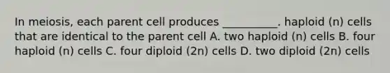 In meiosis, each parent cell produces __________. haploid (n) cells that are identical to the parent cell A. two haploid (n) cells B. four haploid (n) cells C. four diploid (2n) cells D. two diploid (2n) cells