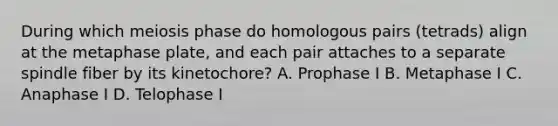 During which meiosis phase do homologous pairs (tetrads) align at the metaphase plate, and each pair attaches to a separate spindle fiber by its kinetochore? A. Prophase I B. Metaphase I C. Anaphase I D. Telophase I