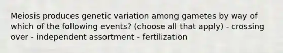 Meiosis produces genetic variation among gametes by way of which of the following events? (choose all that apply) - crossing over - independent assortment - fertilization