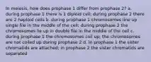 In meiosis, how does prophase 1 differ from prophase 2? a. during prophase 1 there is 1 diploid cell; during prophase 2 there are 2 haploid cells b. during prophase 1 chromosomes line up single file in the middle of the cell; during prophase 2 the chromosomes lie up in double file in the middle of the cell c. during prophase 1 the chromosomes coil up; the chromosomes are not coiled up during prophase 2 d. in prophase 1 the sister chromatids are attached; in prophase 2 the sister chromatids are separated