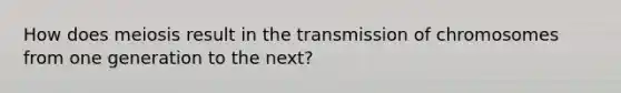 How does meiosis result in the transmission of chromosomes from one generation to the next?