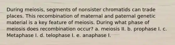 During meiosis, segments of nonsister chromatids can trade places. This recombination of maternal and paternal genetic material is a key feature of meiosis. During what phase of meiosis does recombination occur? a. meiosis II. b. prophase I. c. Metaphase I. d. telophase I. e. anaphase I.