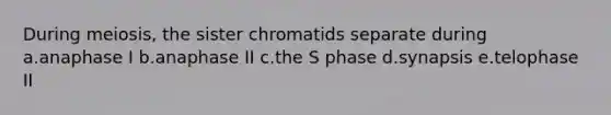 During meiosis, the sister chromatids separate during a.anaphase I b.anaphase II c.the S phase d.synapsis e.telophase II