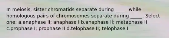 In meiosis, sister chromatids separate during _____ while homologous pairs of chromosomes separate during _____. Select one: a.anaphase II; anaphase I b.anaphase II; metaphase II c.prophase I; prophase II d.telophase II; telophase I