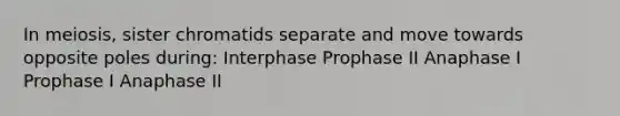 In meiosis, sister chromatids separate and move towards opposite poles during: Interphase Prophase II Anaphase I Prophase I Anaphase II