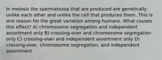 In meiosis the spermatozoa that are produced are genetically unlike each other and unlike the cell that produces them. This is one reason for the great variation among humans. What causes this effect? A) chromosome segregation and independent assortment only B) crossing-over and chromosome segregation only C) crossing-over and independent assortment only D) crossing-over, chromosome segregation, and independent assortment