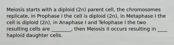 Meiosis starts with a diploid (2n) parent cell, the chromosomes replicate, in Prophase I the cell is diploid (2n), in Metaphase I the cell is diploid (2n), in Anaphase I and Telophase I the two resulting cells are ________, then Meiosis II occurs resulting in ____ haploid daughter cells.