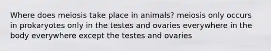 Where does meiosis take place in animals? meiosis only occurs in prokaryotes only in the testes and ovaries everywhere in the body everywhere except the testes and ovaries