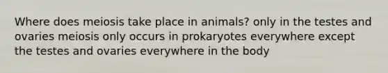 Where does meiosis take place in animals? only in the testes and ovaries meiosis only occurs in prokaryotes everywhere except the testes and ovaries everywhere in the body