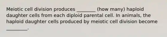 Meiotic cell division produces ________ (how many) haploid daughter cells from each diploid parental cell. In animals, the haploid daughter cells produced by meiotic cell division become _________.