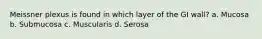 Meissner plexus is found in which layer of the GI wall? a. Mucosa b. Submucosa c. Muscularis d. Serosa