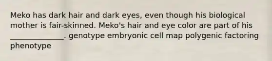 Meko has dark hair and dark eyes, even though his biological mother is fair-skinned. Meko's hair and eye color are part of his ______________. genotype embryonic cell map polygenic factoring phenotype