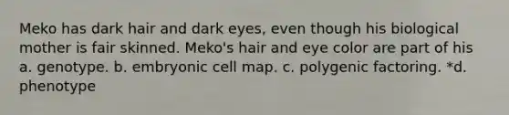 Meko has dark hair and dark eyes, even though his biological mother is fair skinned. Meko's hair and eye color are part of his a. genotype. b. embryonic cell map. c. polygenic factoring. *d. phenotype