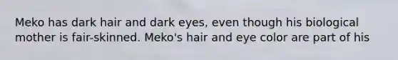 Meko has dark hair and dark eyes, even though his biological mother is fair-skinned. Meko's hair and eye color are part of his