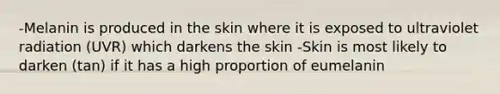 -Melanin is produced in the skin where it is exposed to ultraviolet radiation (UVR) which darkens the skin -Skin is most likely to darken (tan) if it has a high proportion of eumelanin