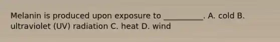 Melanin is produced upon exposure to __________. A. cold B. ultraviolet (UV) radiation C. heat D. wind