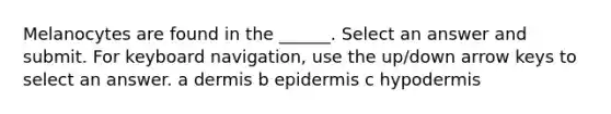 Melanocytes are found in the ______. Select an answer and submit. For keyboard navigation, use the up/down arrow keys to select an answer. a dermis b epidermis c hypodermis