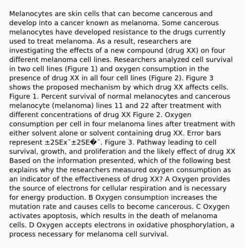 Melanocytes are skin cells that can become cancerous and develop into a cancer known as melanoma. Some cancerous melanocytes have developed resistance to the drugs currently used to treat melanoma. As a result, researchers are investigating the effects of a new compound (drug XX) on four different melanoma cell lines. Researchers analyzed cell survival in two cell lines (Figure 1) and oxygen consumption in the presence of drug XX in all four cell lines (Figure 2). Figure 3 shows the proposed mechanism by which drug XX affects cells. Figure 1. Percent survival of normal melanocytes and cancerous melanocyte (melanoma) lines 11 and 22 after treatment with different concentrations of drug XX Figure 2. Oxygen consumption per cell in four melanoma lines after treatment with either solvent alone or solvent containing drug XX. Error bars represent ±2SEx¯±2SE�¯. Figure 3. Pathway leading to cell survival, growth, and proliferation and the likely effect of drug XX Based on the information presented, which of the following best explains why the researchers measured oxygen consumption as an indicator of the effectiveness of drug XX? A Oxygen provides the source of electrons for cellular respiration and is necessary for energy production. B Oxygen consumption increases the mutation rate and causes cells to become cancerous. C Oxygen activates apoptosis, which results in the death of melanoma cells. D Oxygen accepts electrons in oxidative phosphorylation, a process necessary for melanoma cell survival.