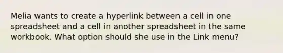 Melia wants to create a hyperlink between a cell in one spreadsheet and a cell in another spreadsheet in the same workbook. What option should she use in the Link menu?