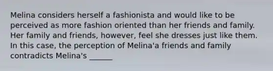 Melina considers herself a fashionista and would like to be perceived as more fashion oriented than her friends and family. Her family and friends, however, feel she dresses just like them. In this case, the perception of Melina'a friends and family contradicts Melina's ______