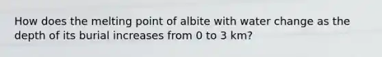 How does the melting point of albite with water change as the depth of its burial increases from 0 to 3 km?