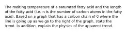 The melting temperature of a saturated fatty acid and the length of the fatty acid (i.e. n is the number of carbon atoms in the fatty acid). Based on a graph that has a carbon chain of 0 where the line is going up as we go to the right of the graph, state the trend. In addition, explain the physics of the apparent trend.