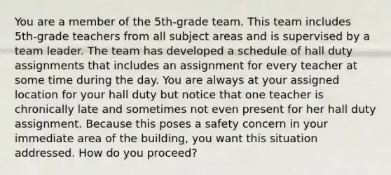 You are a member of the 5th-grade team. This team includes 5th-grade teachers from all subject areas and is supervised by a team leader. The team has developed a schedule of hall duty assignments that includes an assignment for every teacher at some time during the day. You are always at your assigned location for your hall duty but notice that one teacher is chronically late and sometimes not even present for her hall duty assignment. Because this poses a safety concern in your immediate area of the building, you want this situation addressed. How do you proceed?