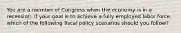 You are a member of Congress when the economy is in a recession. If your goal is to achieve a fully employed labor force, which of the following fiscal policy scenarios should you follow?