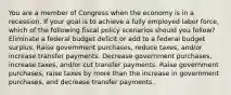 You are a member of Congress when the economy is in a recession. If your goal is to achieve a fully employed labor force, which of the following fiscal policy scenarios should you follow? Eliminate a federal budget deficit or add to a federal budget surplus. Raise government purchases, reduce taxes, and/or increase transfer payments. Decrease government purchases, increase taxes, and/or cut transfer payments. Raise government purchases, raise taxes by more than the increase in government purchases, and decrease transfer payments.