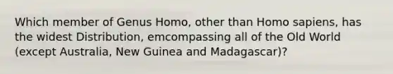 Which member of Genus Homo, other than Homo sapiens, has the widest Distribution, emcompassing all of the Old World (except Australia, New Guinea and Madagascar)?