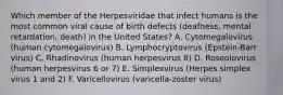 Which member of the Herpesviridae that infect humans is the most common viral cause of birth defects (deafness, mental retardation, death) in the United States? A. Cytomegalovirus (human cytomegalovirus) B. Lymphocryptovirus (Epstein-Barr virus) C. Rhadinovirus (human herpesvirus 8) D. Roseolovirus (human herpesvirus 6 or 7) E. Simplexvirus (Herpes simplex virus 1 and 2) F. Varicellovirus (varicella-zoster virus)