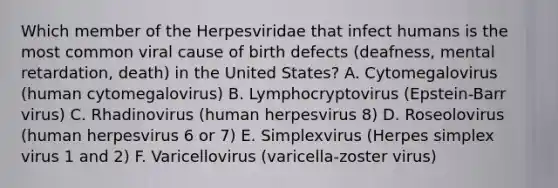 Which member of the Herpesviridae that infect humans is the most common viral cause of birth defects (deafness, mental retardation, death) in the United States? A. Cytomegalovirus (human cytomegalovirus) B. Lymphocryptovirus (Epstein-Barr virus) C. Rhadinovirus (human herpesvirus 8) D. Roseolovirus (human herpesvirus 6 or 7) E. Simplexvirus (Herpes simplex virus 1 and 2) F. Varicellovirus (varicella-zoster virus)