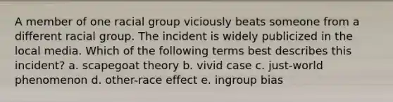 A member of one racial group viciously beats someone from a different racial group. The incident is widely publicized in the local media. Which of the following terms best describes this incident? a. scapegoat theory b. vivid case c. just-world phenomenon d. other-race effect e. ingroup bias