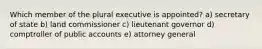 Which member of the plural executive is appointed? a) secretary of state b) land commissioner c) lieutenant governor d) comptroller of public accounts e) attorney general