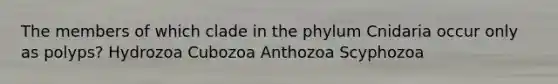 The members of which clade in the phylum Cnidaria occur only as polyps? Hydrozoa Cubozoa Anthozoa Scyphozoa