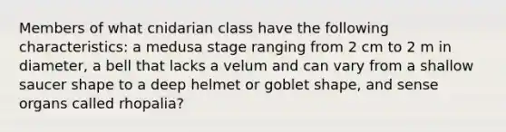 Members of what cnidarian class have the following characteristics: a medusa stage ranging from 2 cm to 2 m in diameter, a bell that lacks a velum and can vary from a shallow saucer shape to a deep helmet or goblet shape, and sense organs called rhopalia?