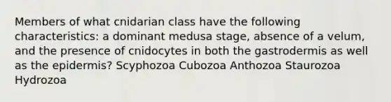 Members of what cnidarian class have the following characteristics: a dominant medusa stage, absence of a velum, and the presence of cnidocytes in both the gastrodermis as well as <a href='https://www.questionai.com/knowledge/kBFgQMpq6s-the-epidermis' class='anchor-knowledge'>the epidermis</a>? Scyphozoa Cubozoa Anthozoa Staurozoa Hydrozoa