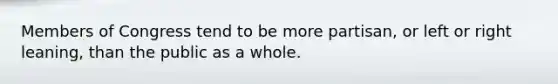 Members of Congress tend to be more partisan, or left or right leaning, than the public as a whole.