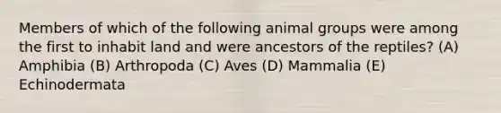 Members of which of the following animal groups were among the first to inhabit land and were ancestors of the reptiles? (A) Amphibia (B) Arthropoda (C) Aves (D) Mammalia (E) Echinodermata