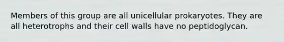 Members of this group are all unicellular prokaryotes. They are all heterotrophs and their cell walls have no peptidoglycan.