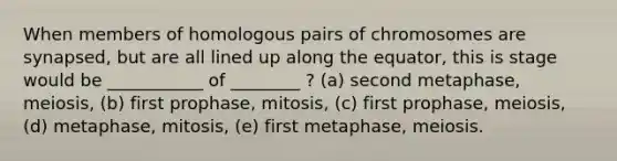 When members of homologous pairs of chromosomes are synapsed, but are all lined up along the equator, this is stage would be ___________ of ________ ? (a) second metaphase, meiosis, (b) first prophase, mitosis, (c) first prophase, meiosis, (d) metaphase, mitosis, (e) first metaphase, meiosis.