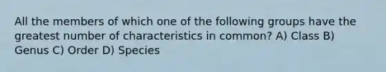 All the members of which one of the following groups have the greatest number of characteristics in common? A) Class B) Genus C) Order D) Species