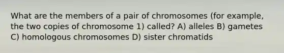 What are the members of a pair of chromosomes (for example, the two copies of chromosome 1) called? A) alleles B) gametes C) homologous chromosomes D) sister chromatids