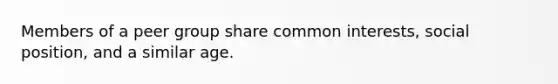 Members of a peer group share common interests, social position, and a similar age.