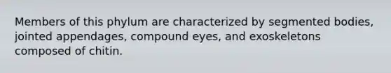 Members of this phylum are characterized by segmented bodies, jointed appendages, compound eyes, and exoskeletons composed of chitin.