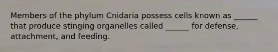 Members of the phylum Cnidaria possess cells known as ______ that produce stinging organelles called ______ for defense, attachment, and feeding.