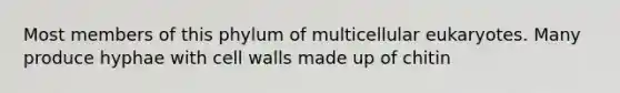 Most members of this phylum of multicellular eukaryotes. Many produce hyphae with cell walls made up of chitin