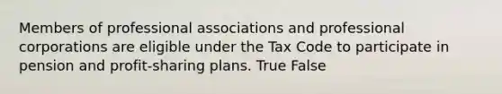 Members of professional associations and professional corporations are eligible under the Tax Code to participate in pension and profit-sharing plans. True False