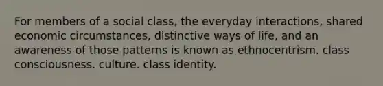 For members of a social class, the everyday interactions, shared economic circumstances, distinctive ways of life, and an awareness of those patterns is known as ethnocentrism. class consciousness. culture. class identity.